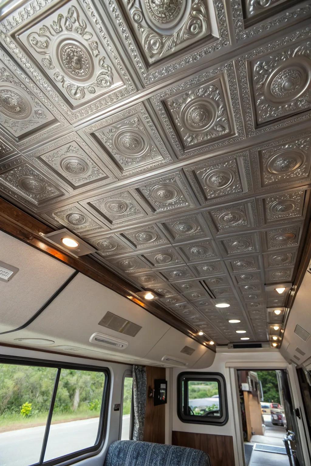 Faux tin tiles introduce a touch of vintage glamour to your RV ceiling.
