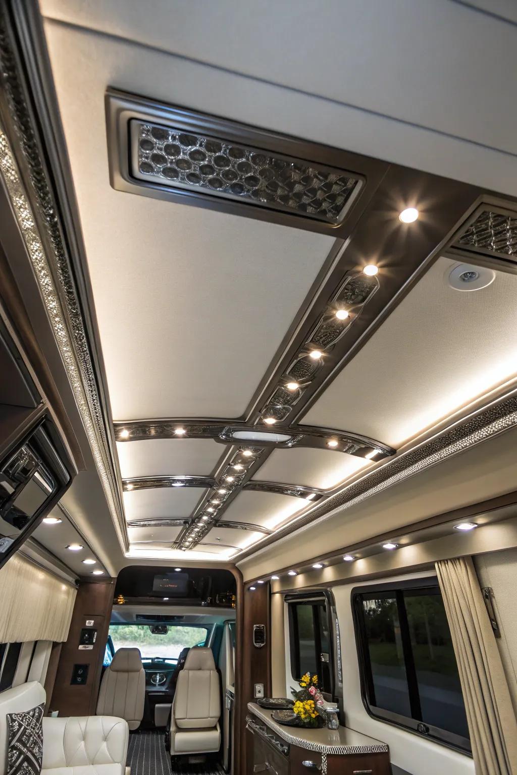 Metal accents provide a sleek and sophisticated finish to your RV ceiling.