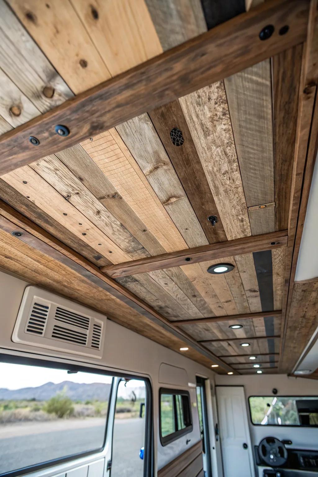 Reclaimed wood adds sustainable charm to your RV ceiling.