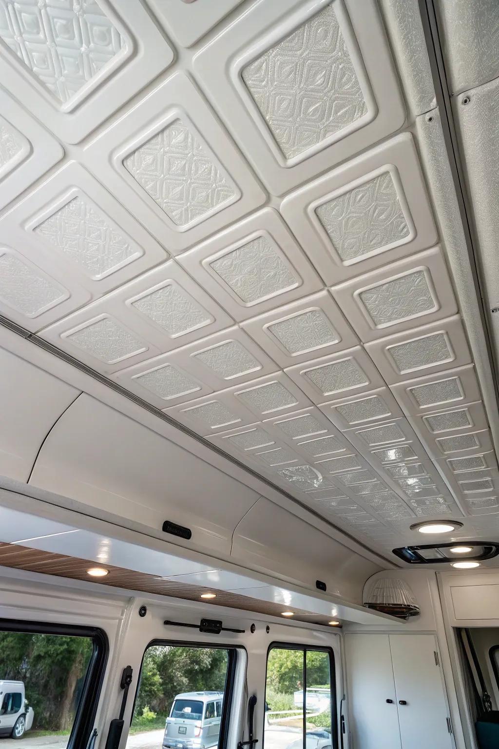 Polystyrene tiles provide a lightweight and elegant ceiling solution.