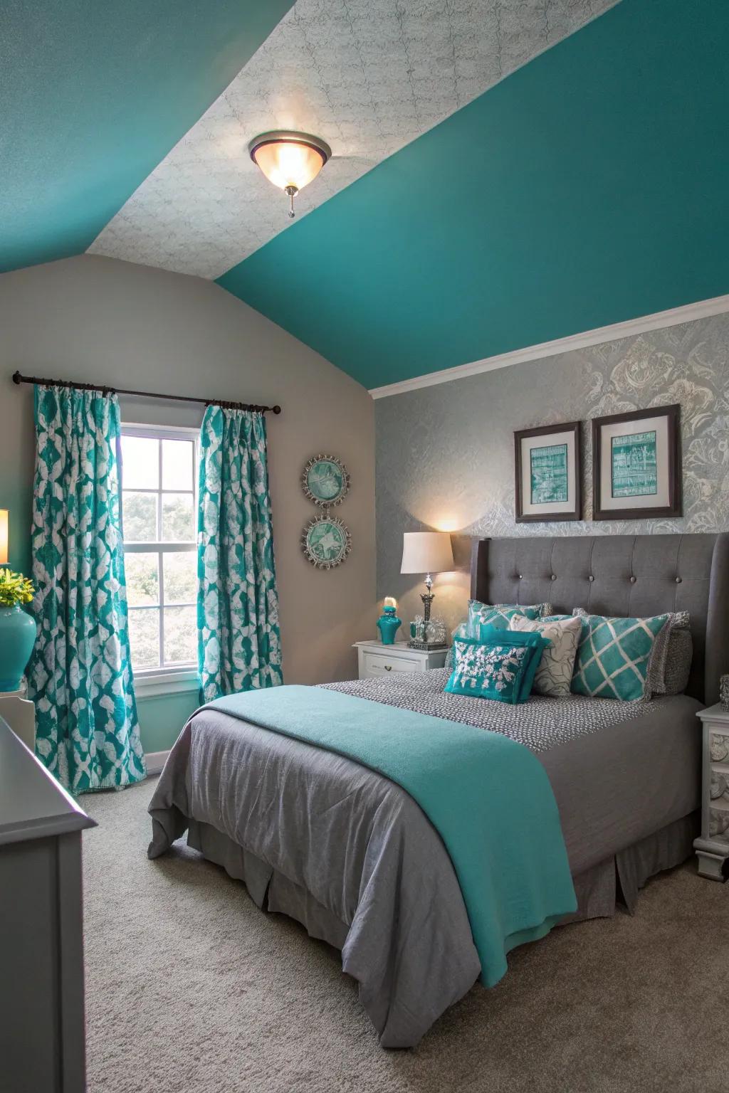 A teal ceiling gives a cozy ambiance.