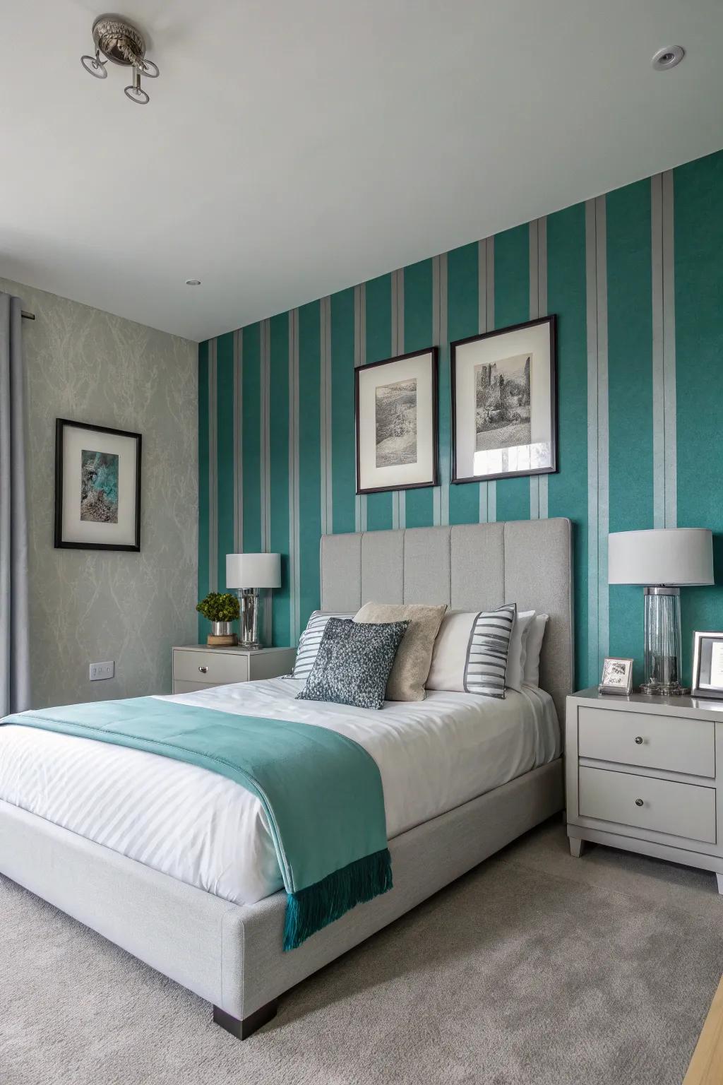 Teal and grey stripes add a dynamic and lively touch.