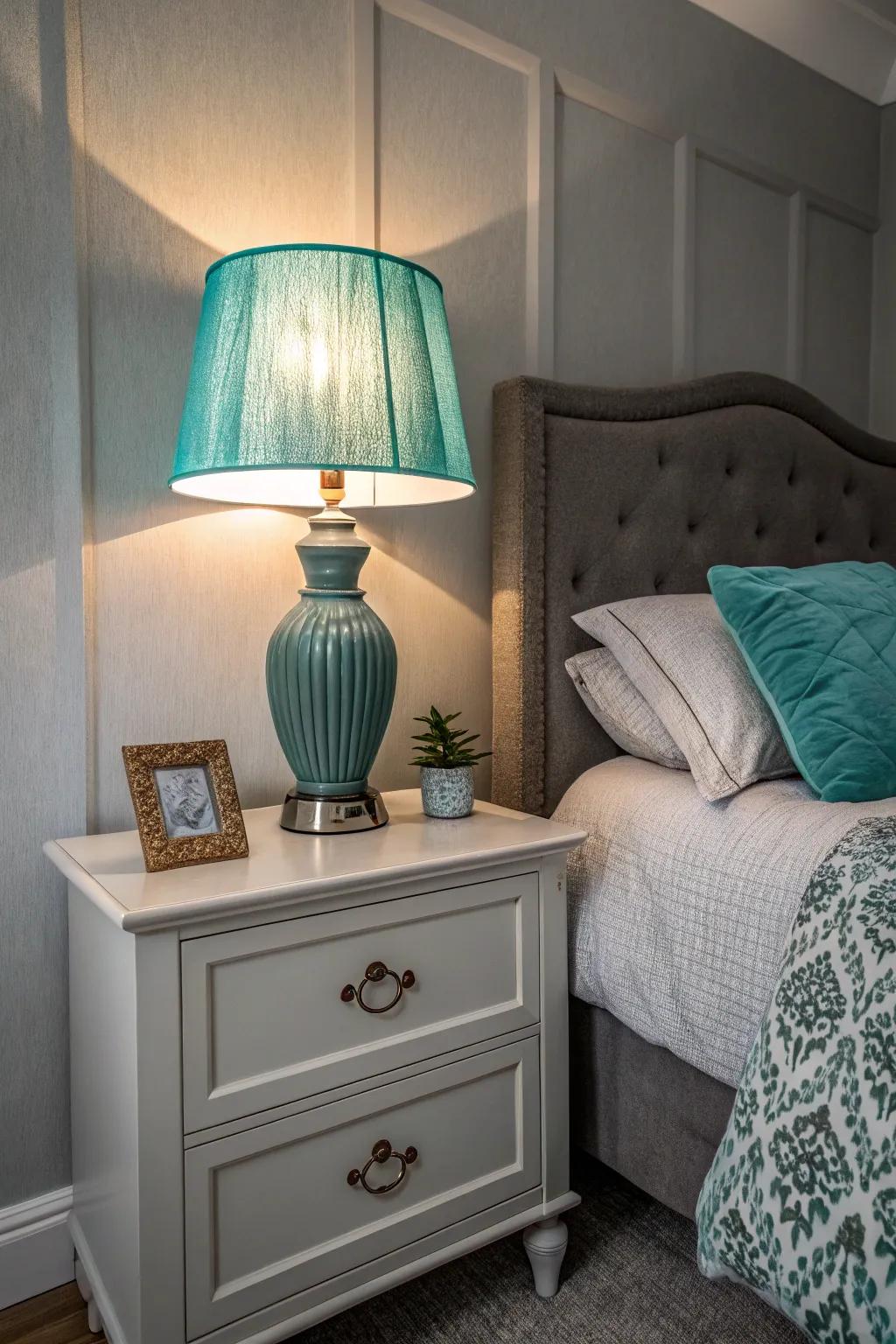 Teal lighting provides a stylish glow with a pop of color.