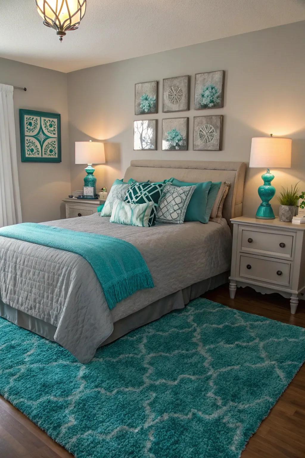 A teal rug brings warmth and cohesion.