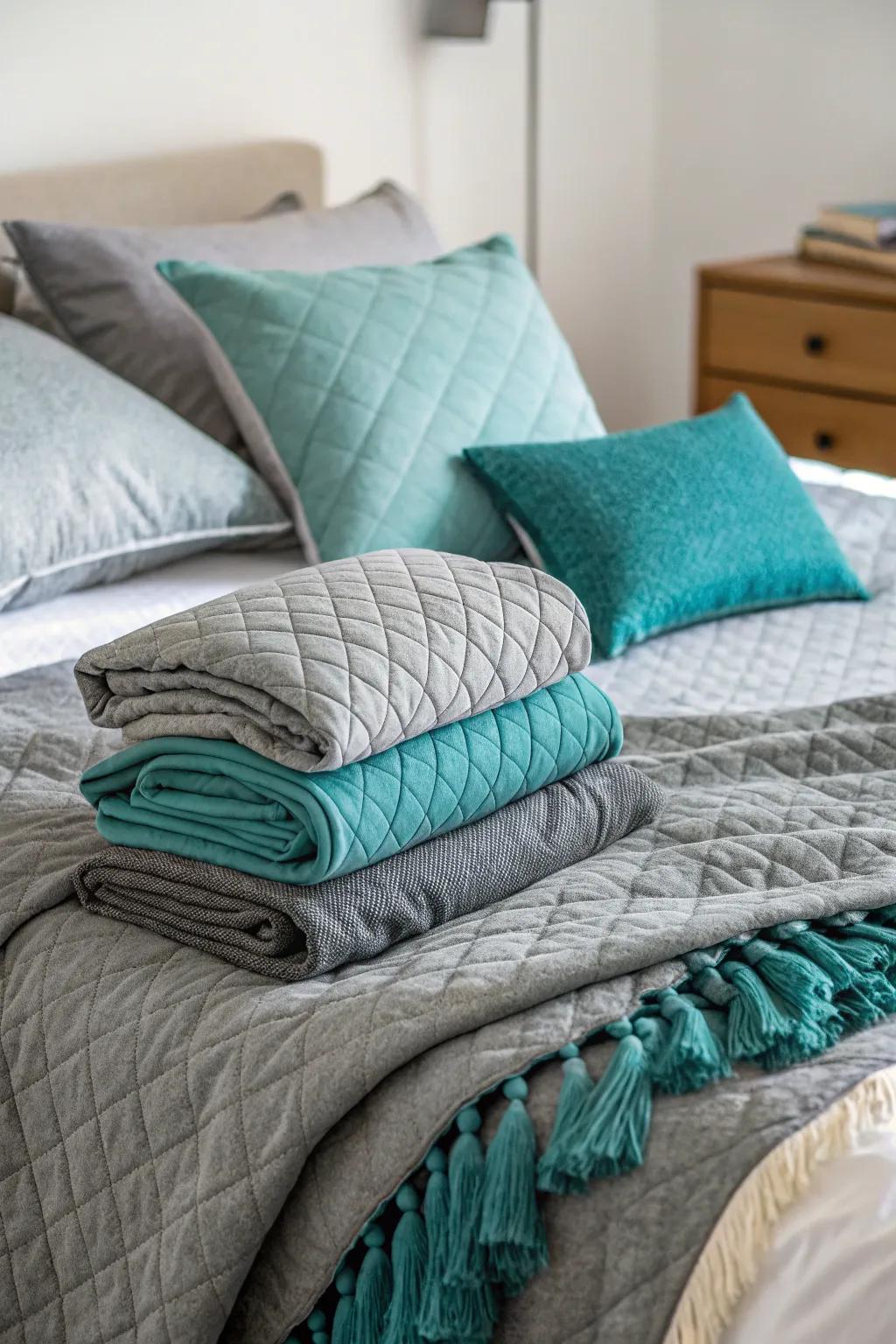 Layering grey and teal textiles fosters a warm and welcoming ambiance.
