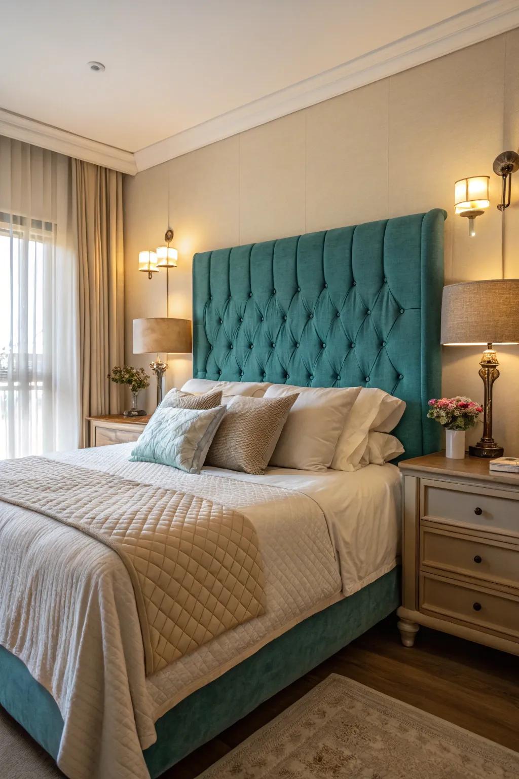 A teal upholstered headboard is a notable centerpiece.