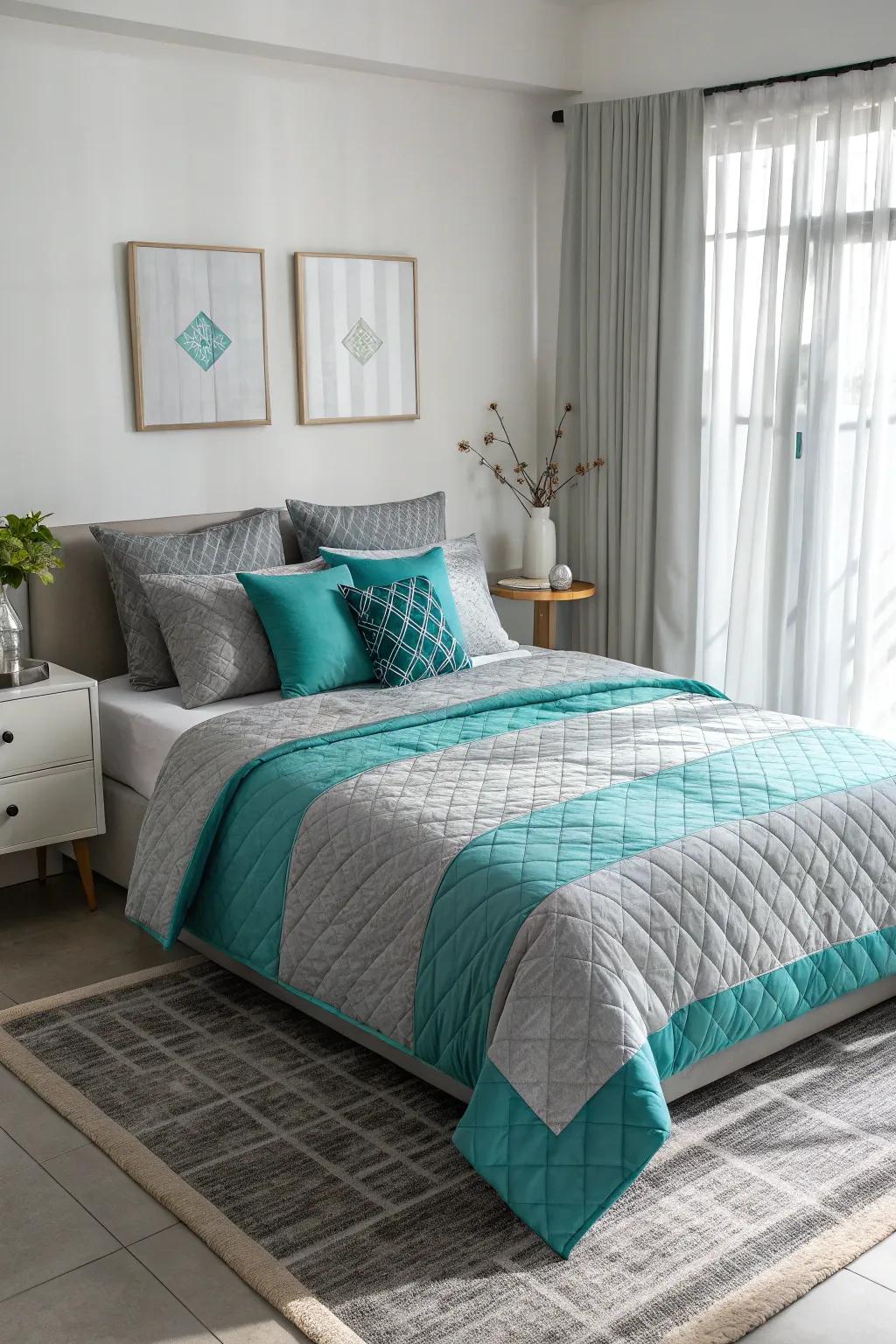 Teal and grey bedding effortlessly refreshes the bedroom.