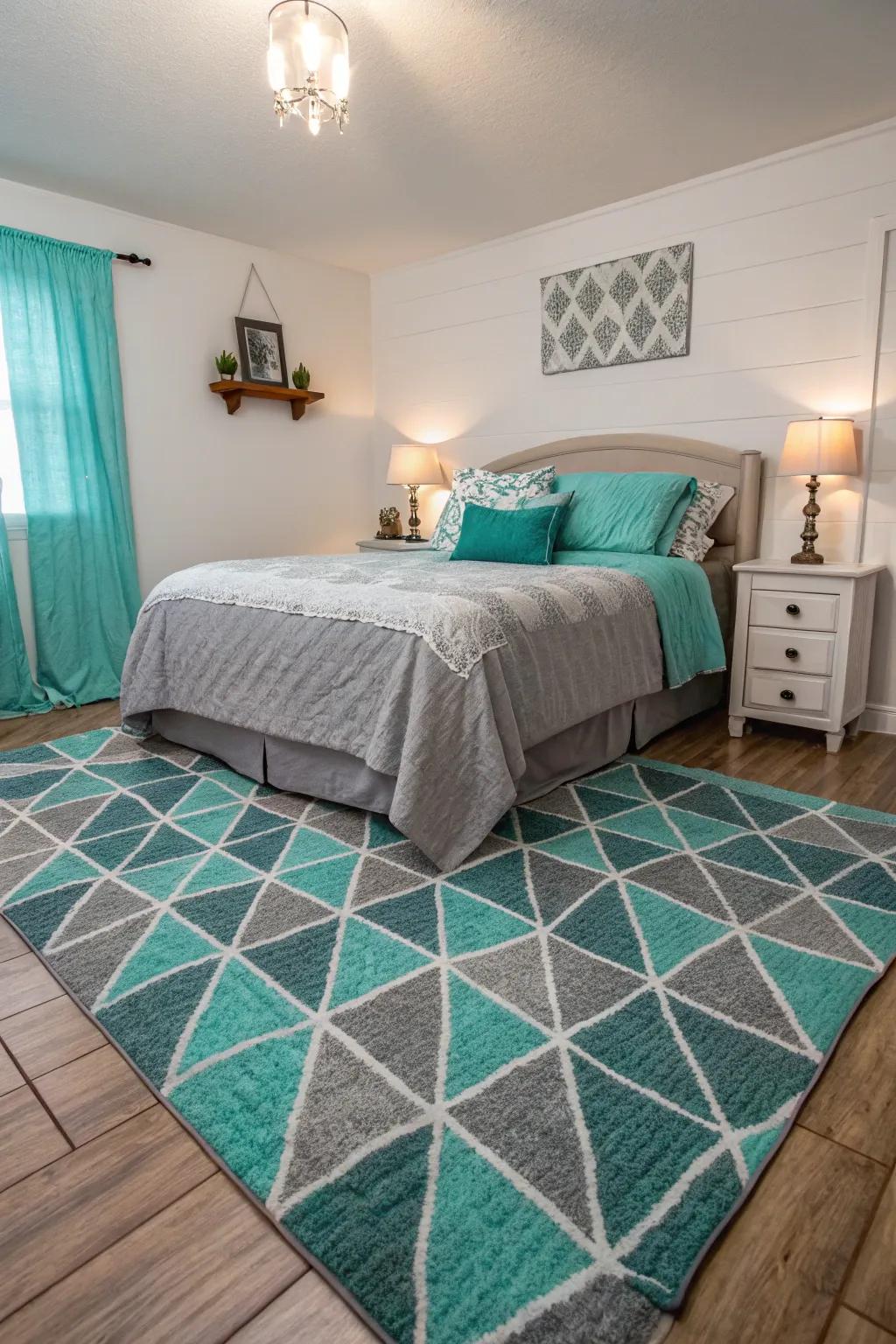 Geometric patterns add a sleek, modern element to the bedroom.