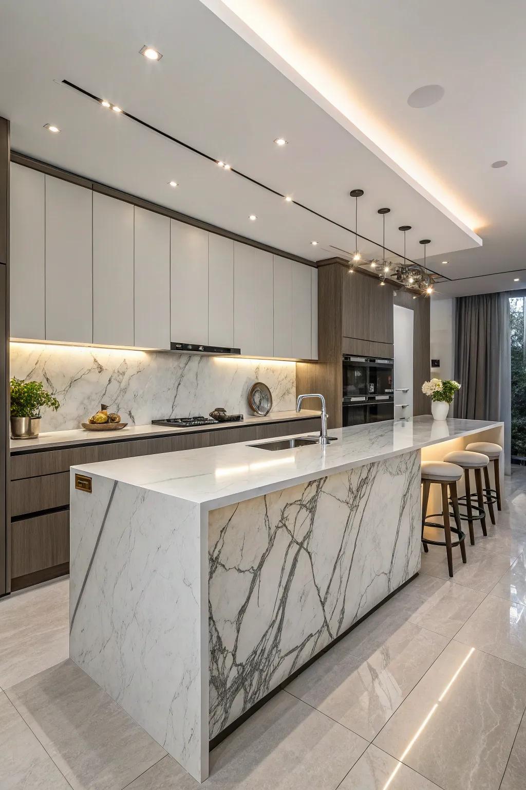 Cascade work surfaces give rise to a captivating focal attraction.