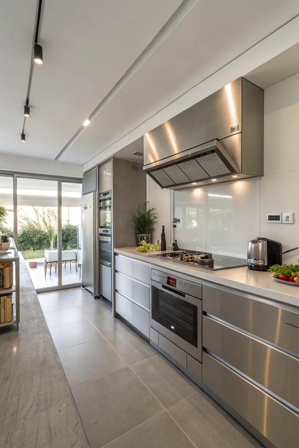 Ferric alloy work surfaces furnish a streamlined and expert finish.