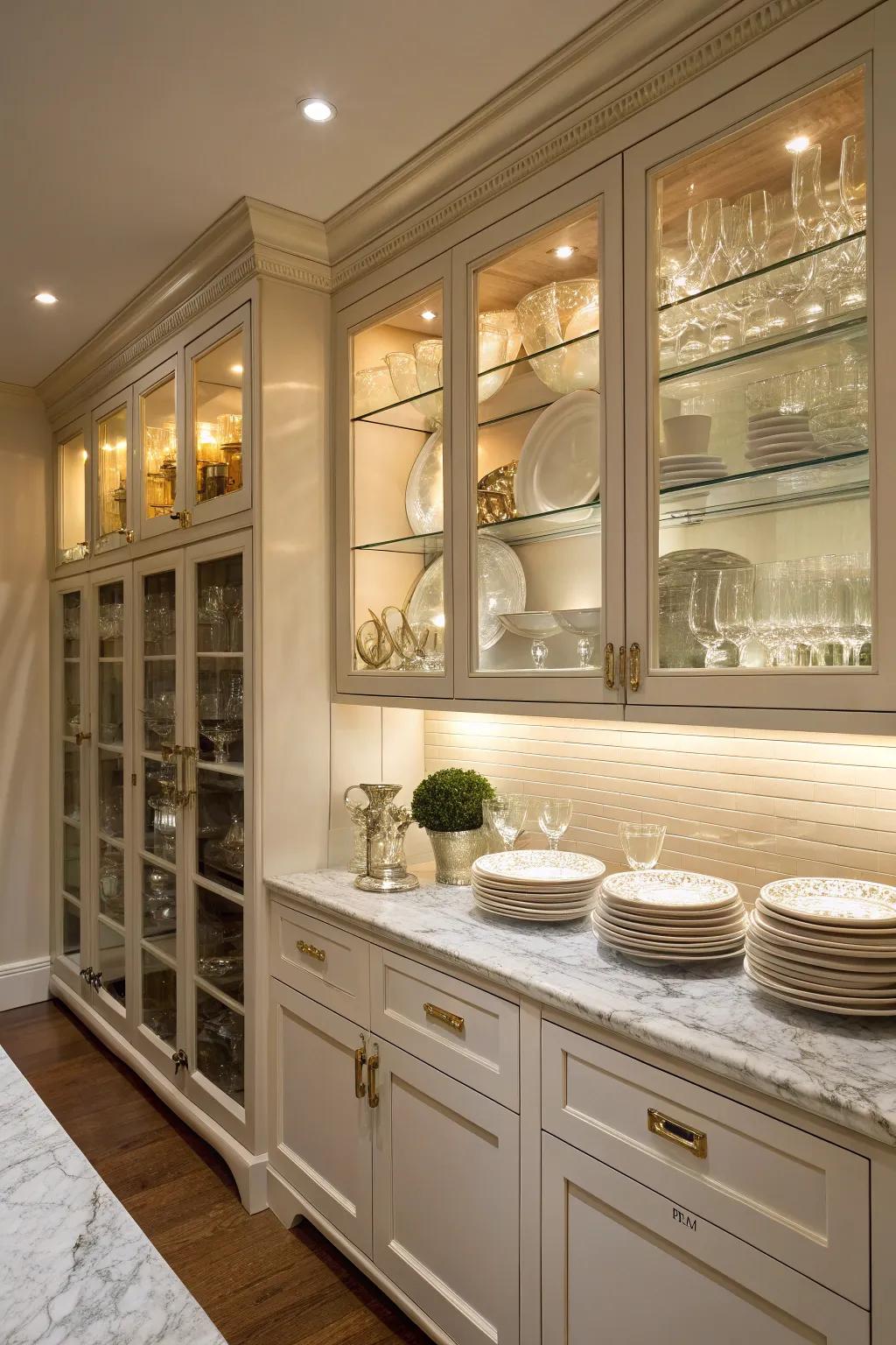 Vitrine-fronted cabinetry delivers a refined avenue to exhibit dishware.