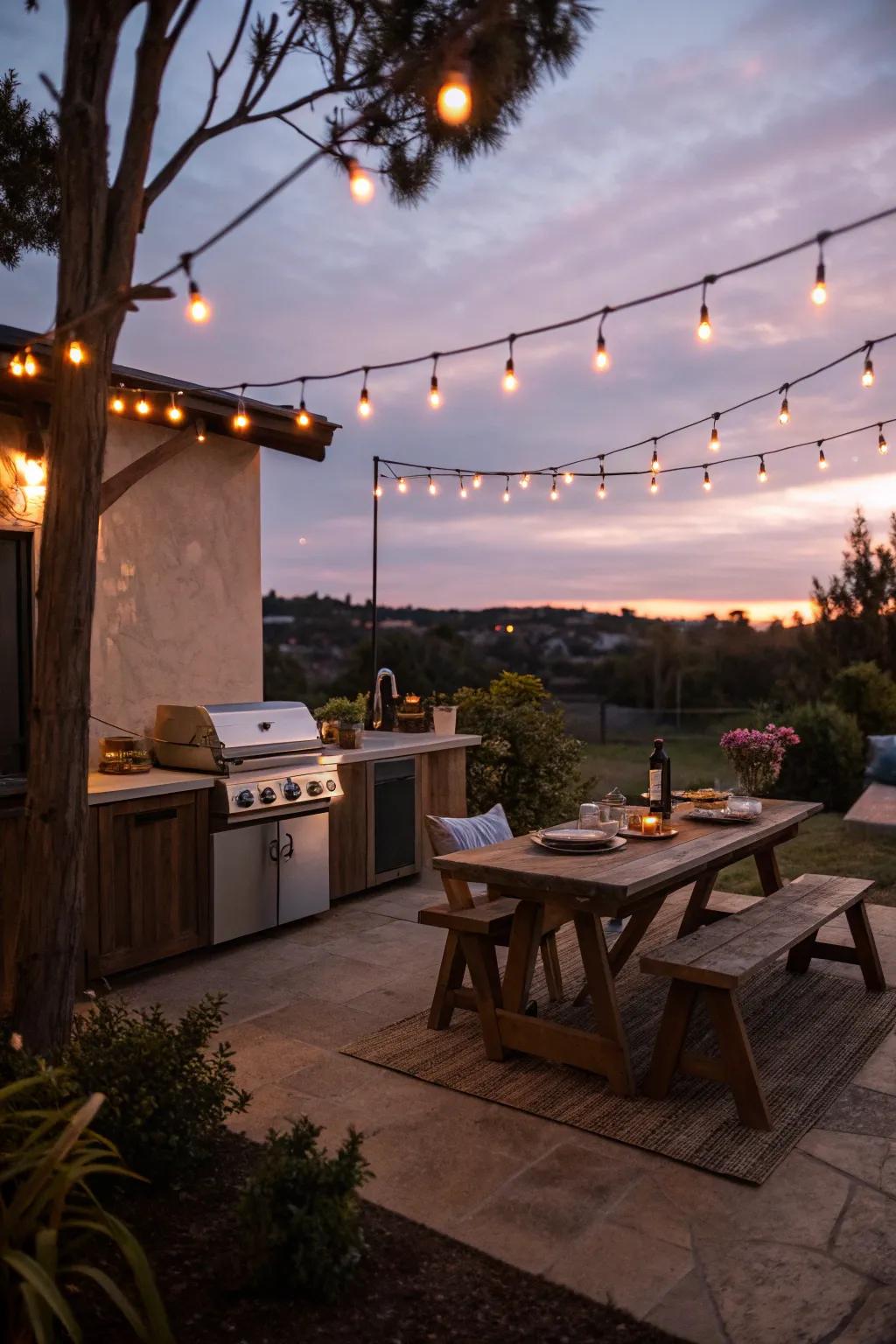 String lights infuse enchantment into your outdoor kitchen.