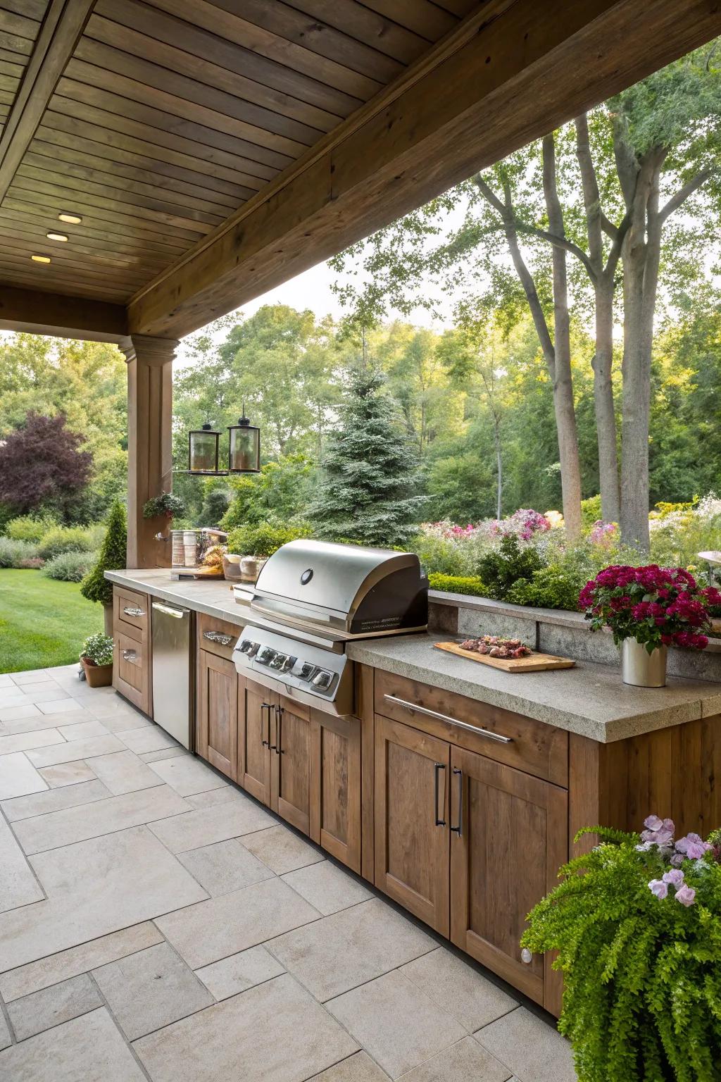 The perfect grill station is central to the outdoor cooking area.