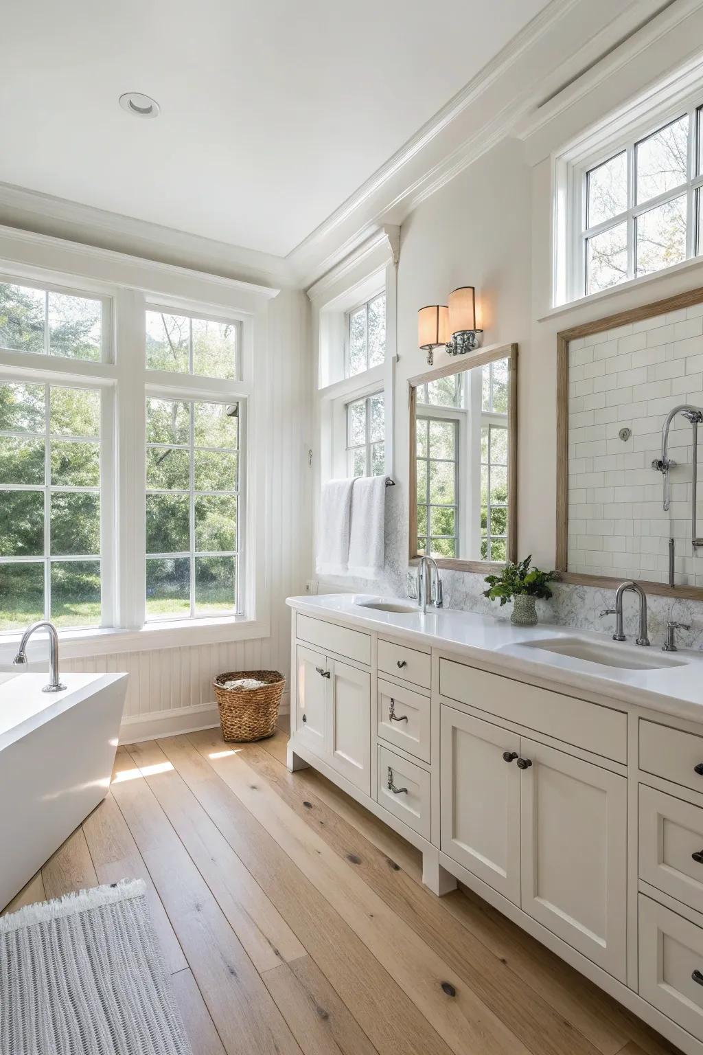 A bright and neutral color scheme results in a spacious and welcoming bathroom atmosphere.