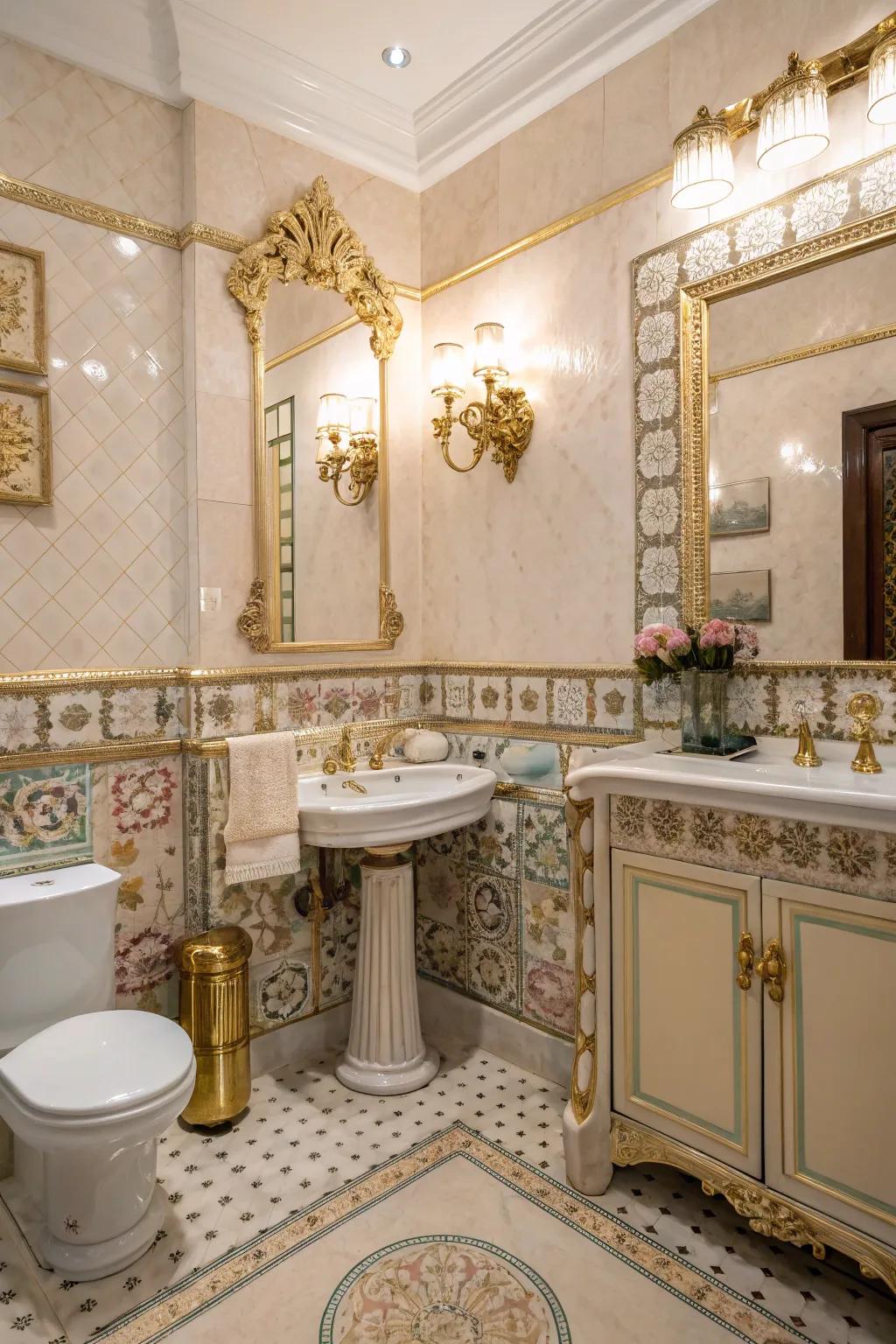 Vintage glamour with ornate fixtures and classic tiles creates a timeless bathroom.