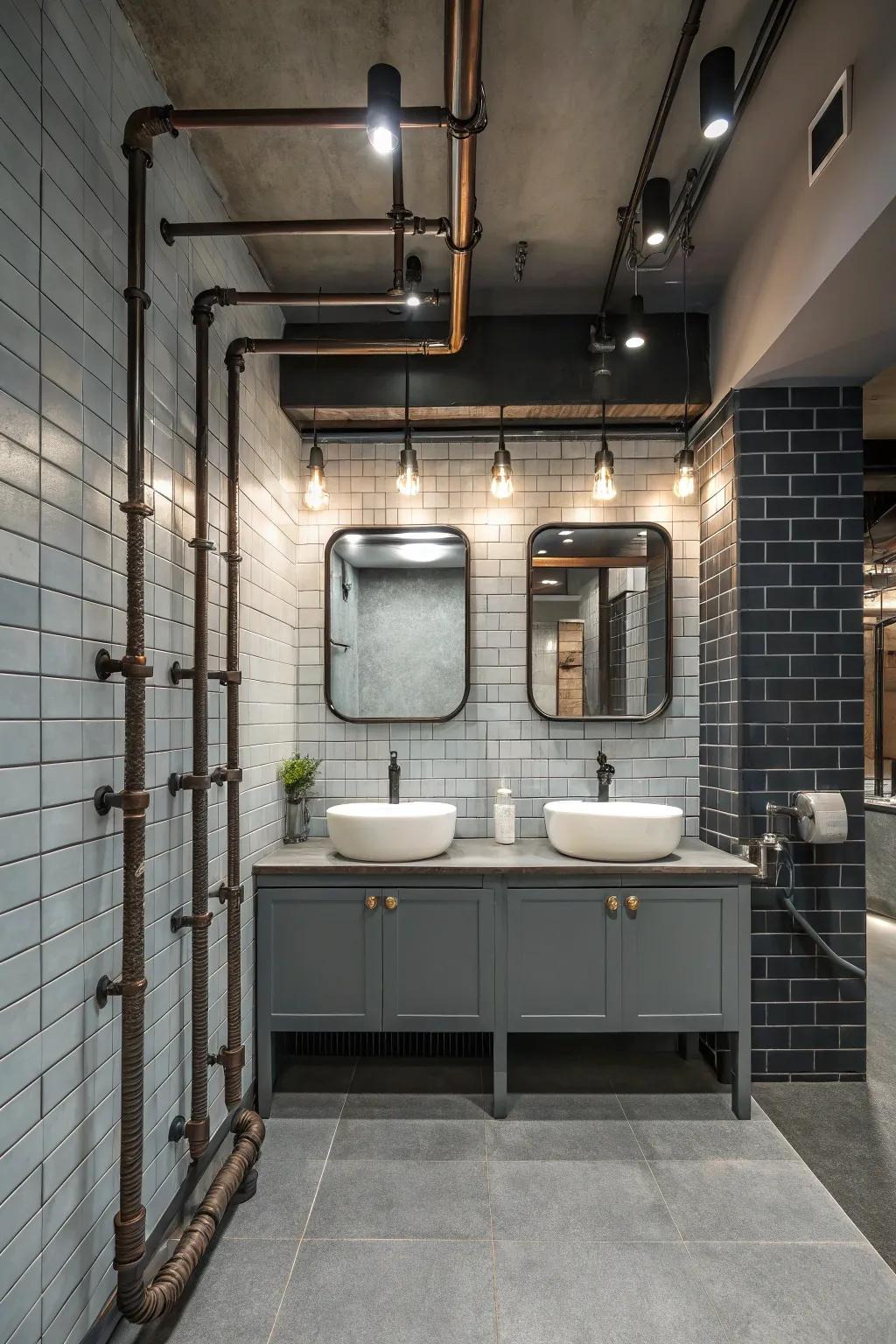 Exposed pipes add an industrial chic vibe to the tub-in-shower bathroom.