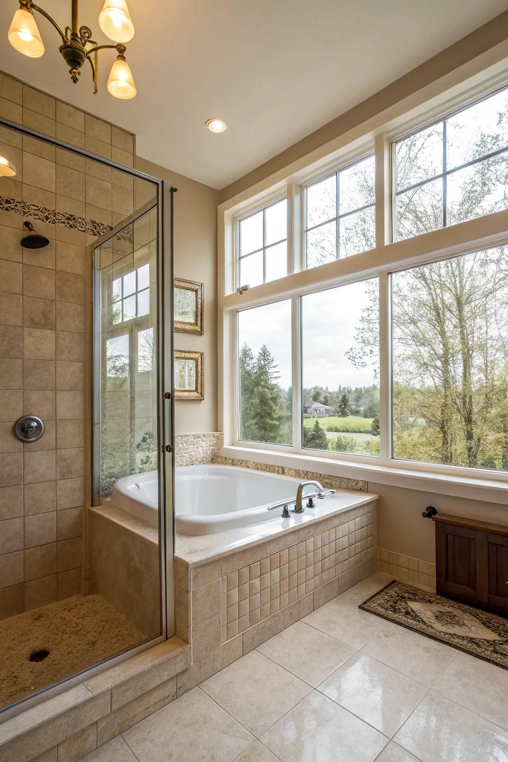 Natural light floods a tub-in-shower area, creating a cozy and inviting space.