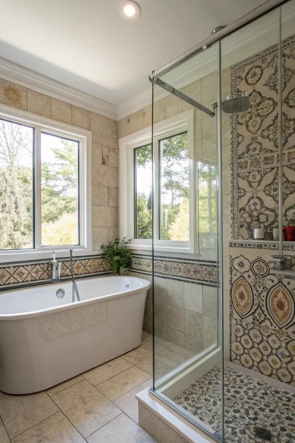 A sophisticated glass enclosure elegantly surrounds a tub and shower area, enhanced by ample natural light.