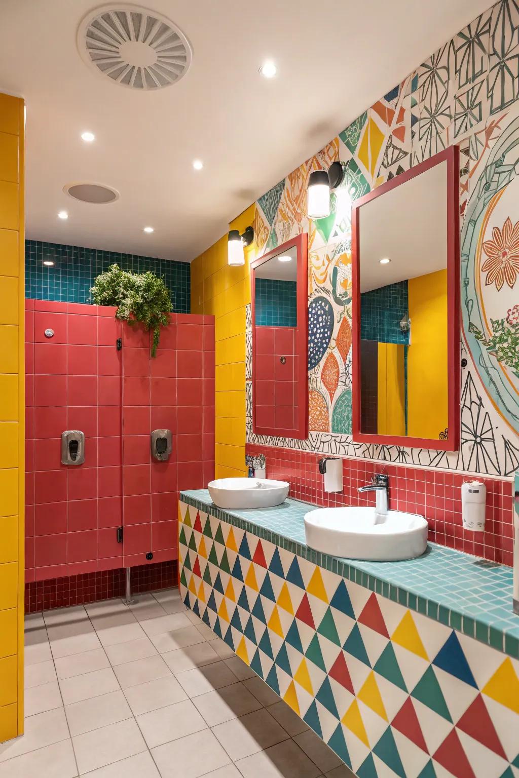Bold color accents create a lively and vibrant bathroom atmosphere.