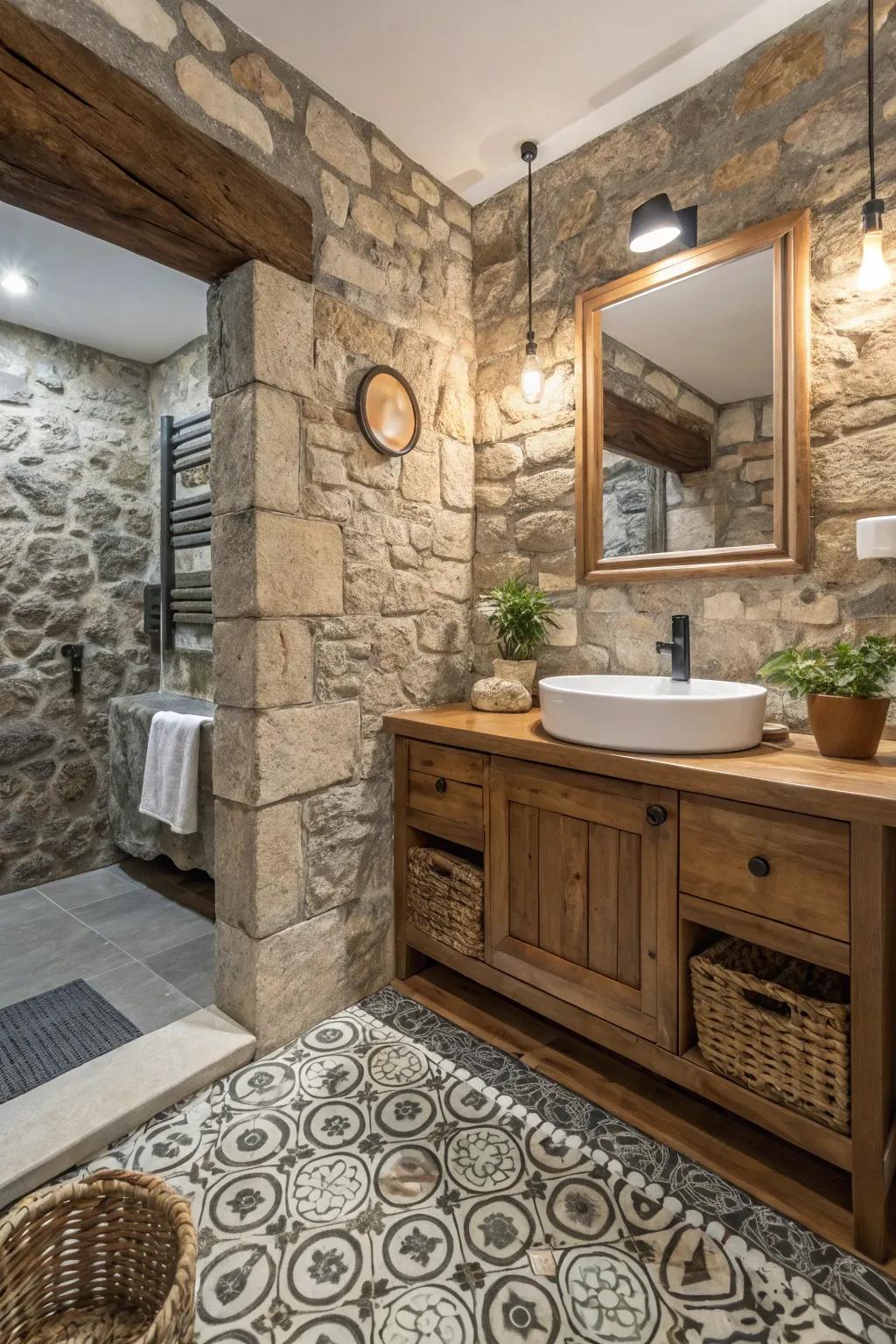 An eclectic mix of textures adds depth and personality to the bathroom.