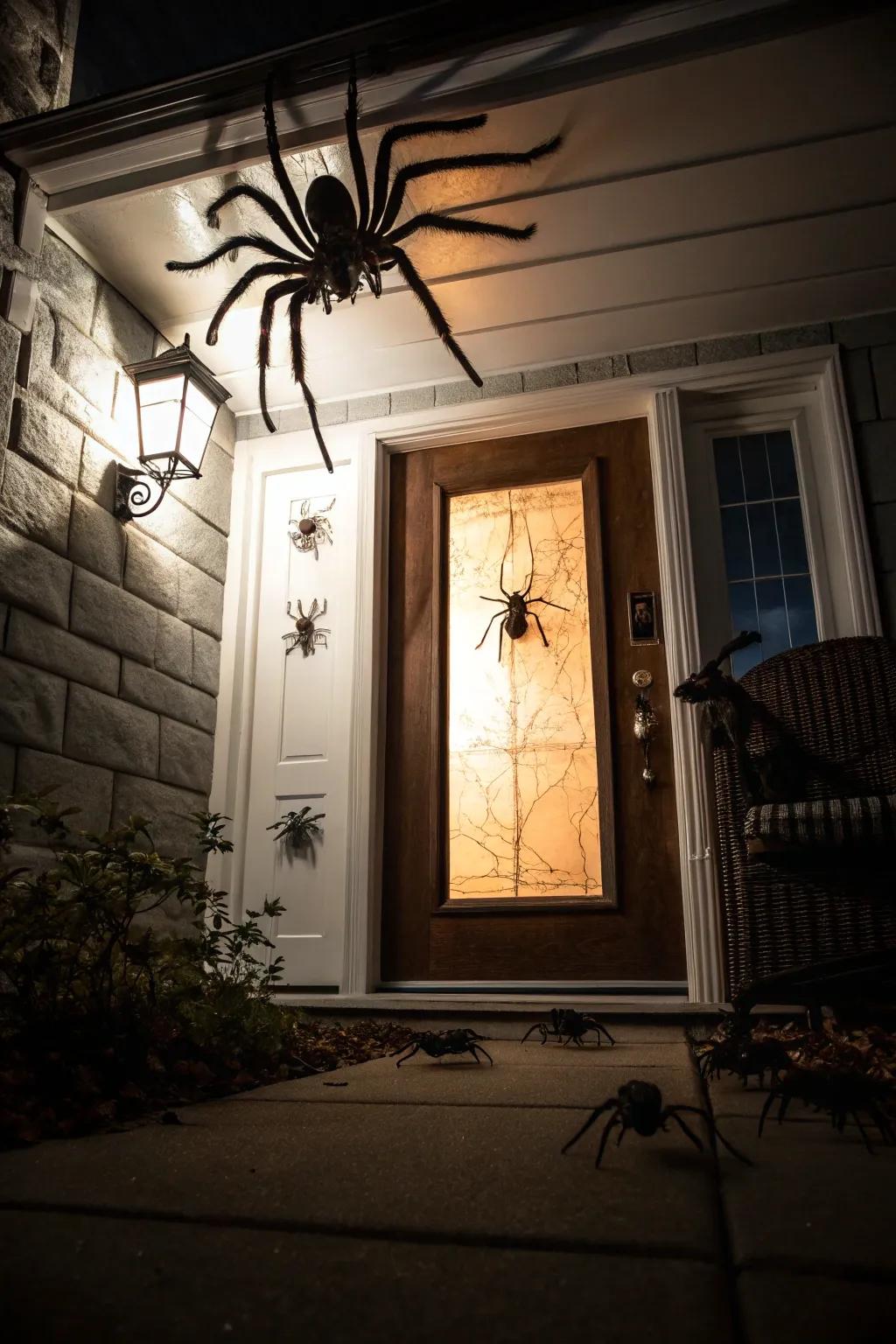 A massive spider creates a strikingly spooky entrance.