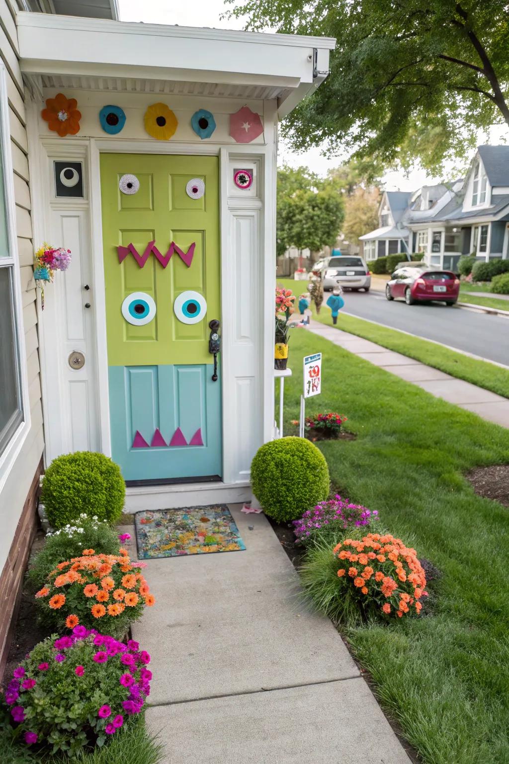 A friendly monster face adds a fun twist to Halloween decor.