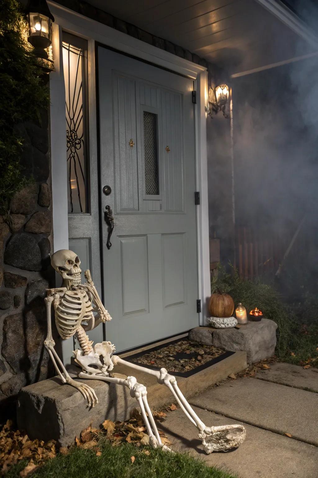 A skeleton decoration adds a spooky touch to your entrance.