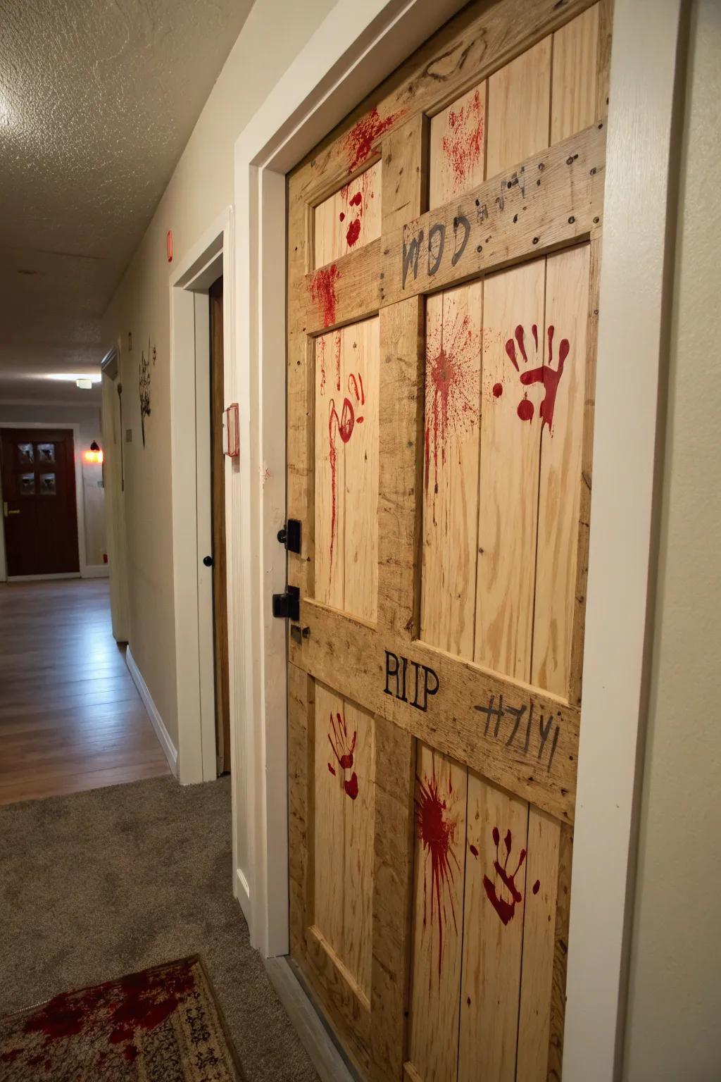 Create a zombie apocalypse vibe with boarded-up door and undead handprints.