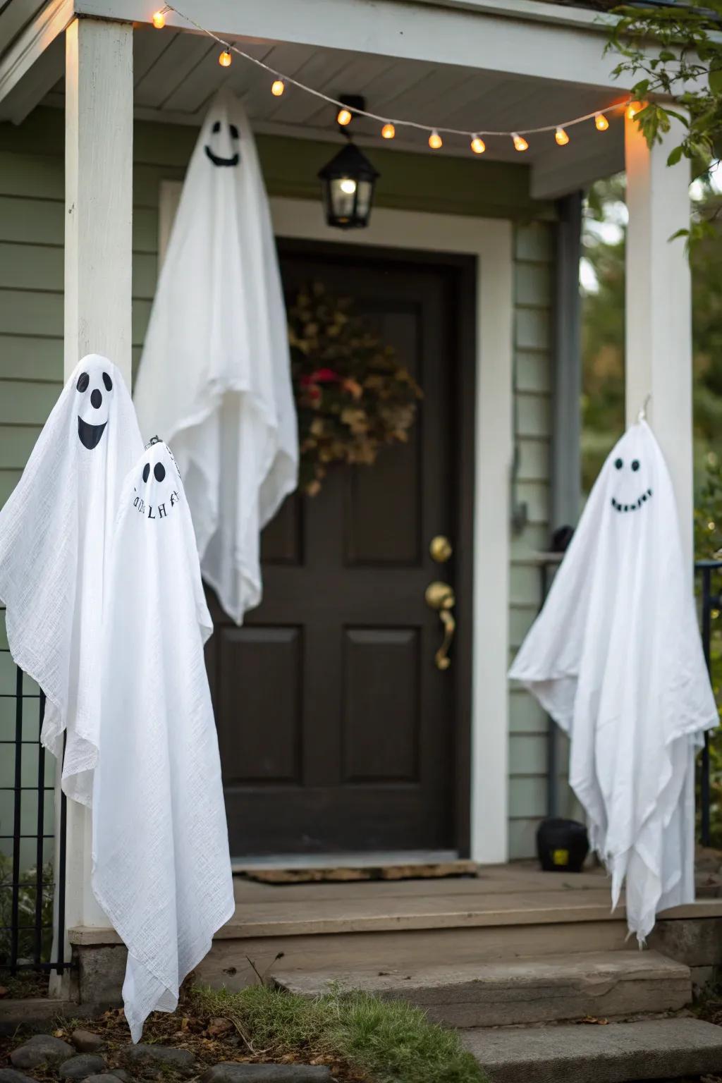Cheerful ghost decorations add a playful vibe to Halloween.
