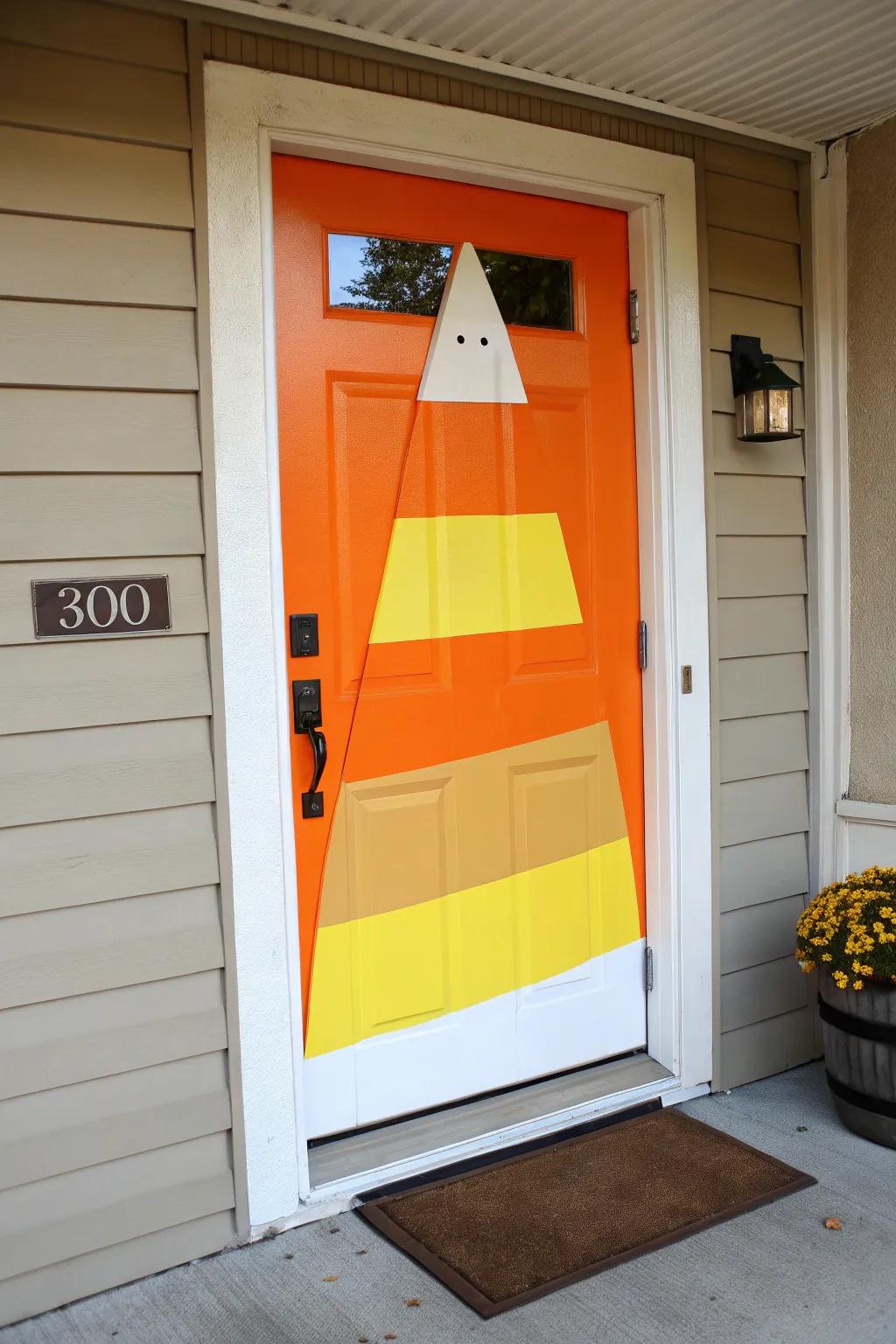 A striped candy-themed door adds a sweet touch to Halloween.