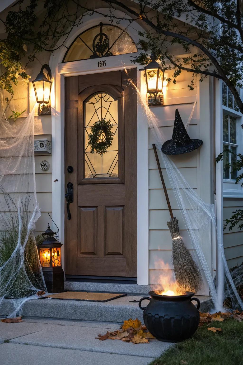 Create a witch's hideaway with twigs, hats, and spider webs.