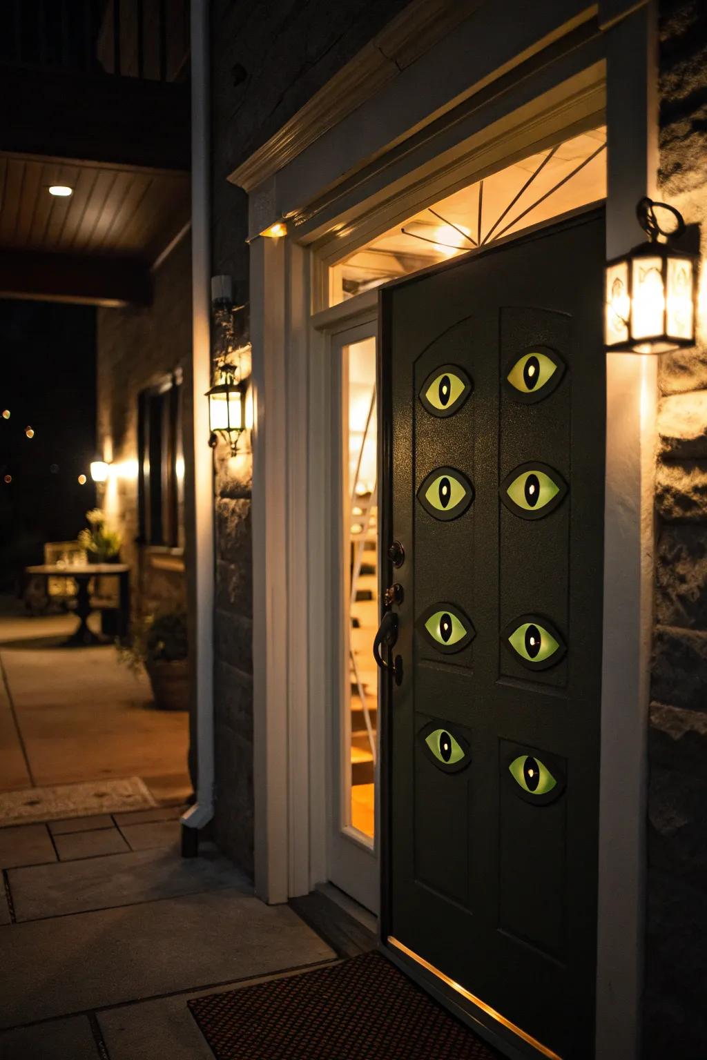 Glowing eyes create a mysterious Halloween effect on your door.