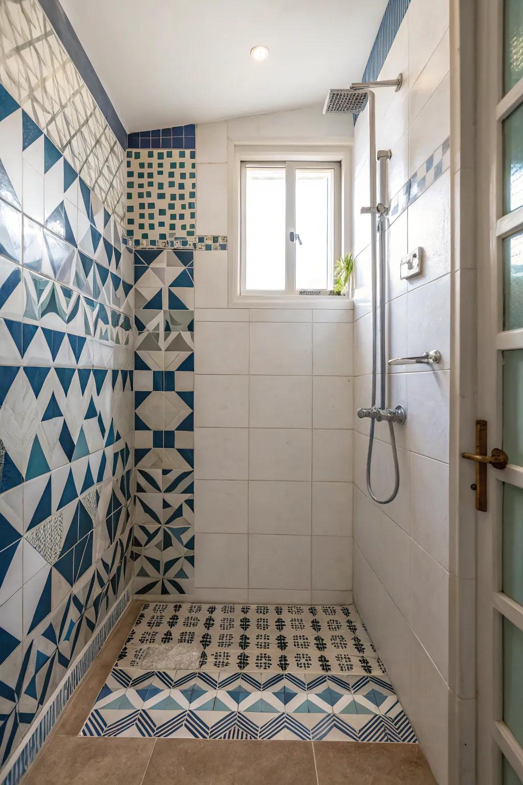 Geometric layouts give a modern feel to compact showers.