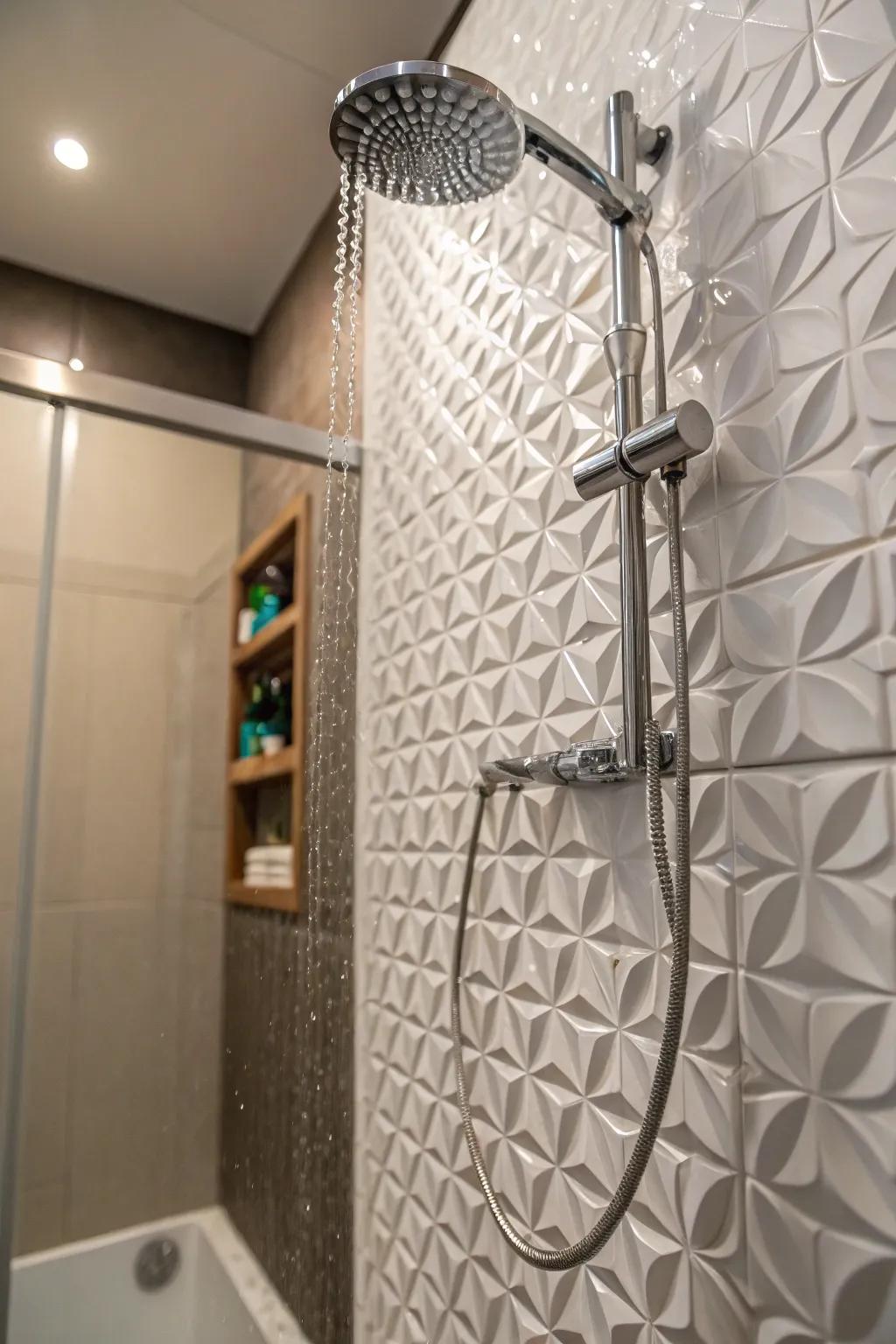Sculpted tiles introduce a tangible and visual element to showers.