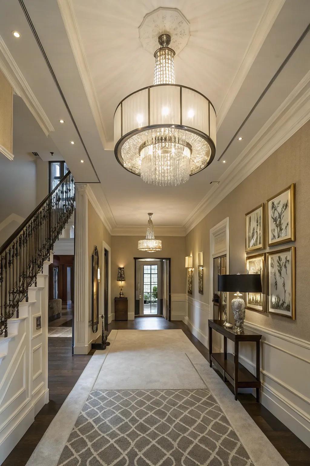 A beautiful chandelier serves as a stunning focal point in the foyer.