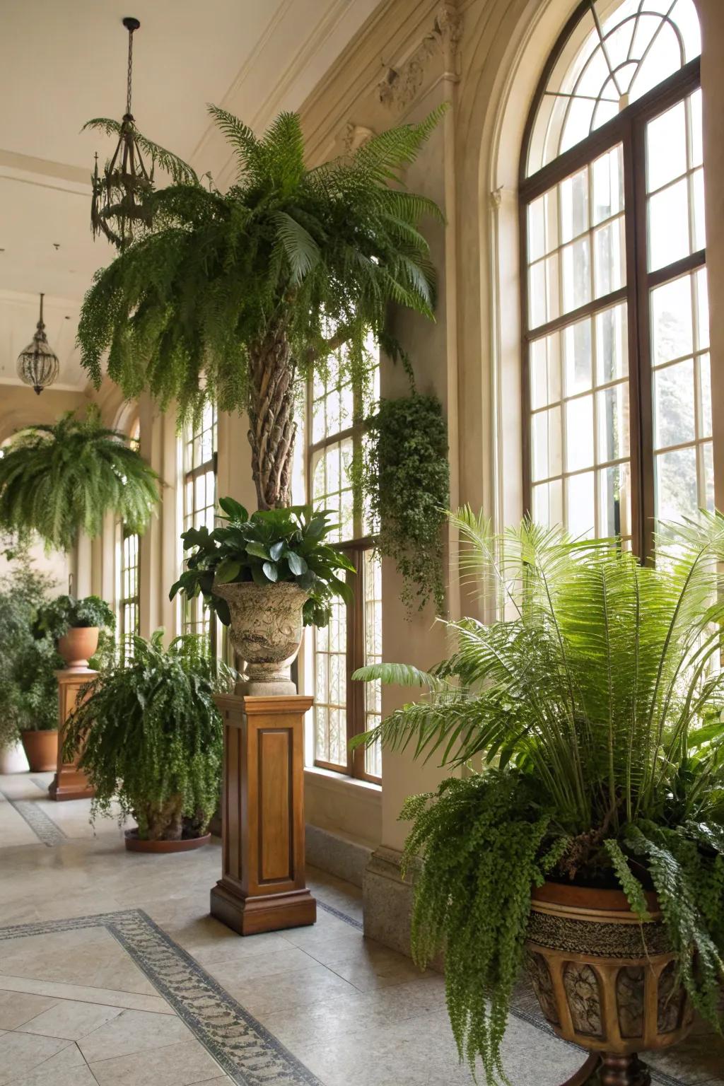 Lush greenery revitalizes the foyer, filling it with natural beauty.