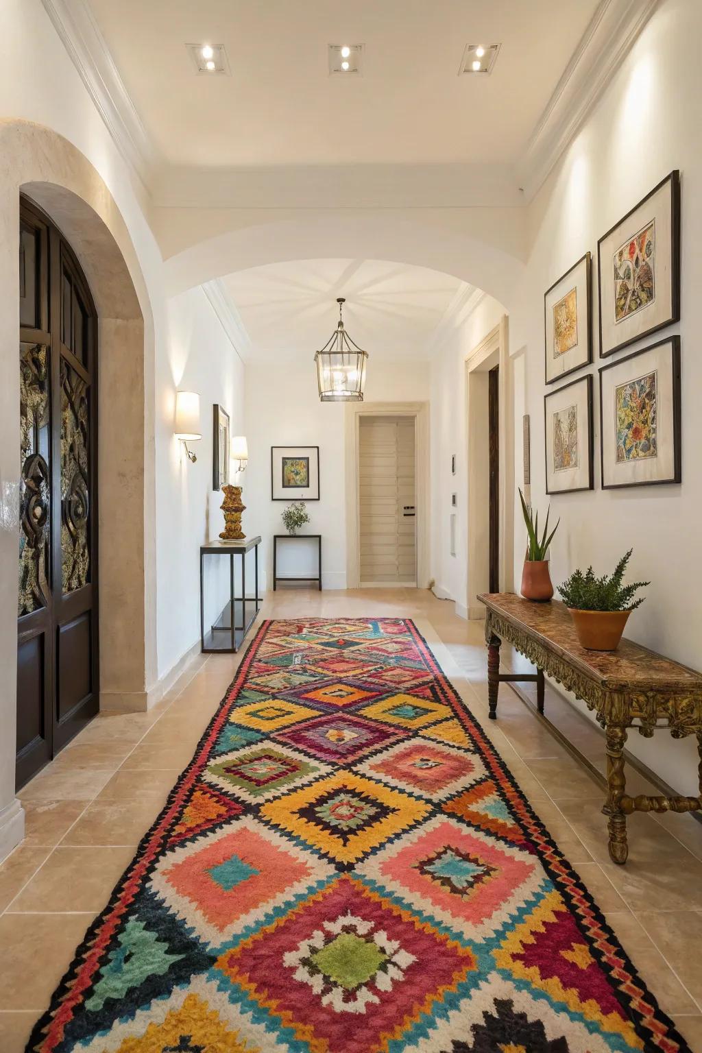 A colorful rug introduces a sense of warmth and style to the foyer.