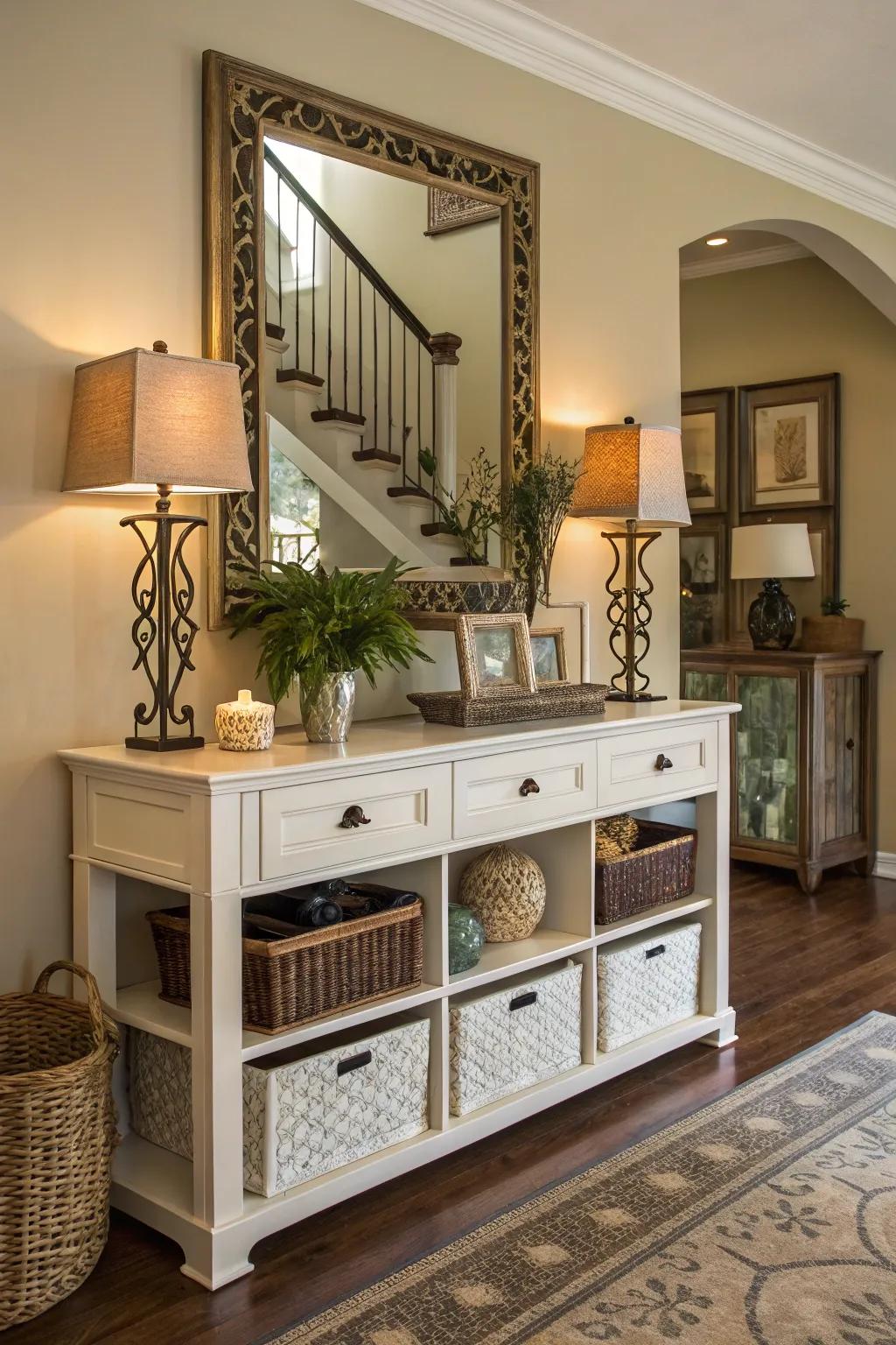 Functional storage solutions help maintain an organized and welcoming foyer.
