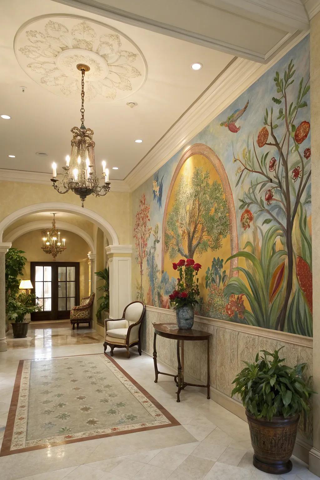 A hand-painted mural introduces artistic flair to the foyer.