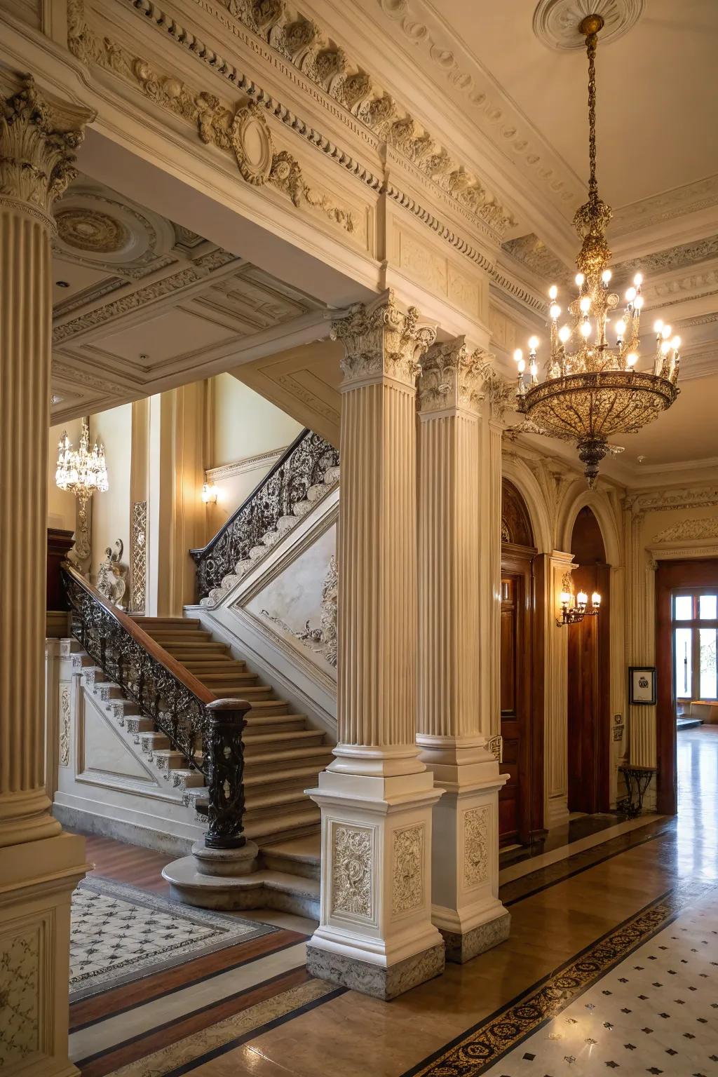 Architectural details enhance the foyer with timeless elegance.