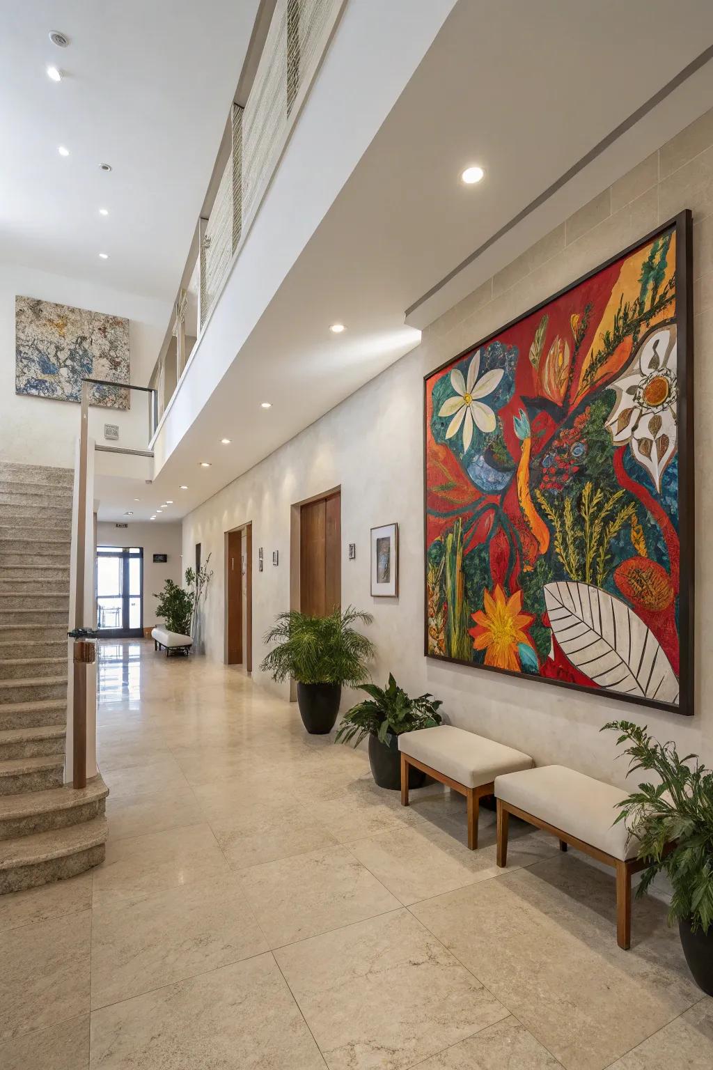 A vibrant piece of art immediately catches the eye and enlivens the foyer.