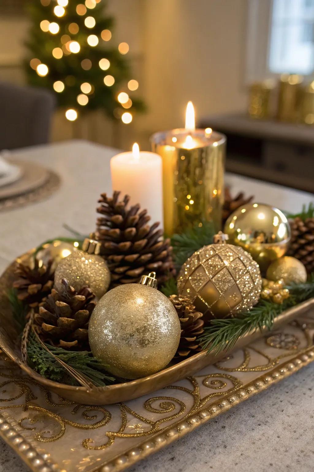 Golden ornaments introduce a touch of glam to your holiday table.