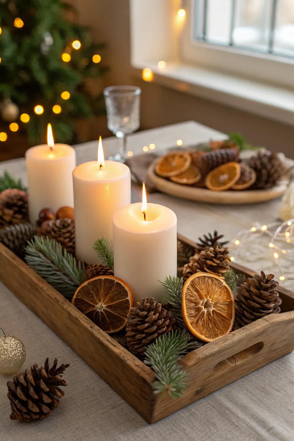 A rustic candle tray crafts a warm and inviting holiday centerpiece.
