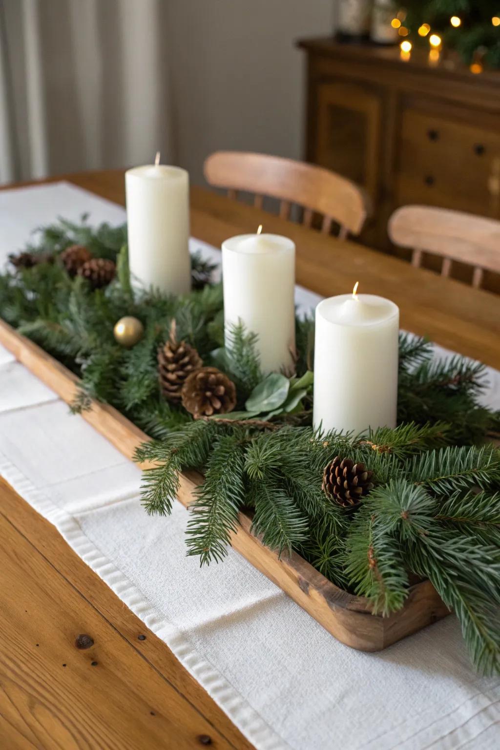 A candlelit pine forest centerpiece invites warmth and the beauty of nature into your home.