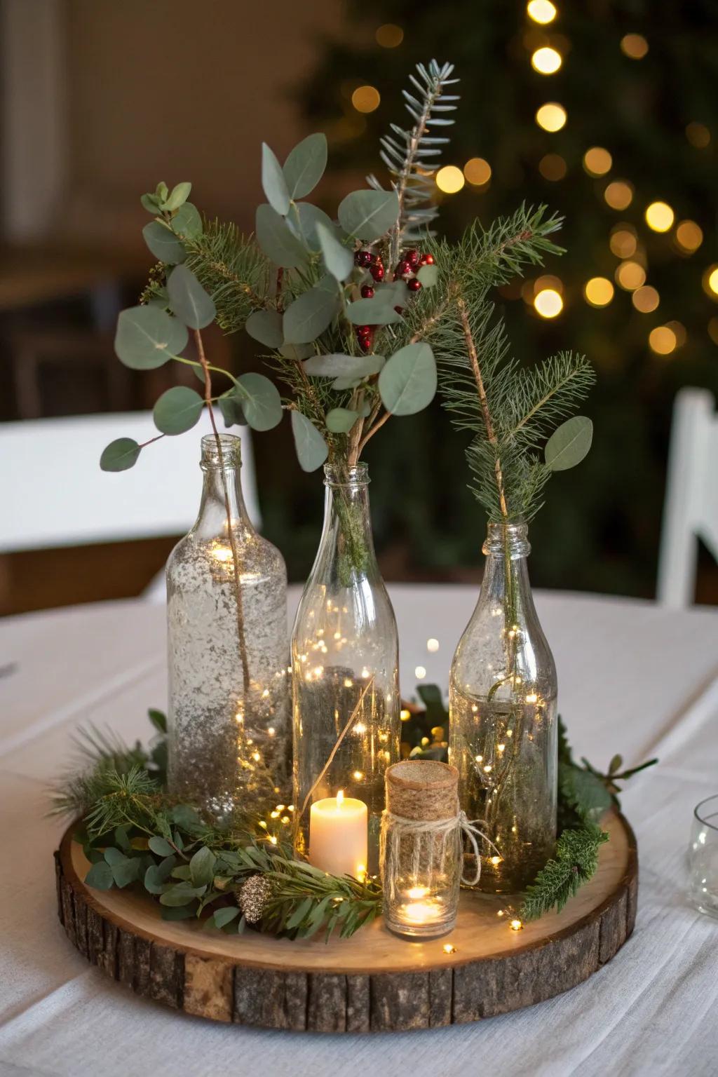 Vintage glassware with fairy lights imparts a nostalgic charm to your table.