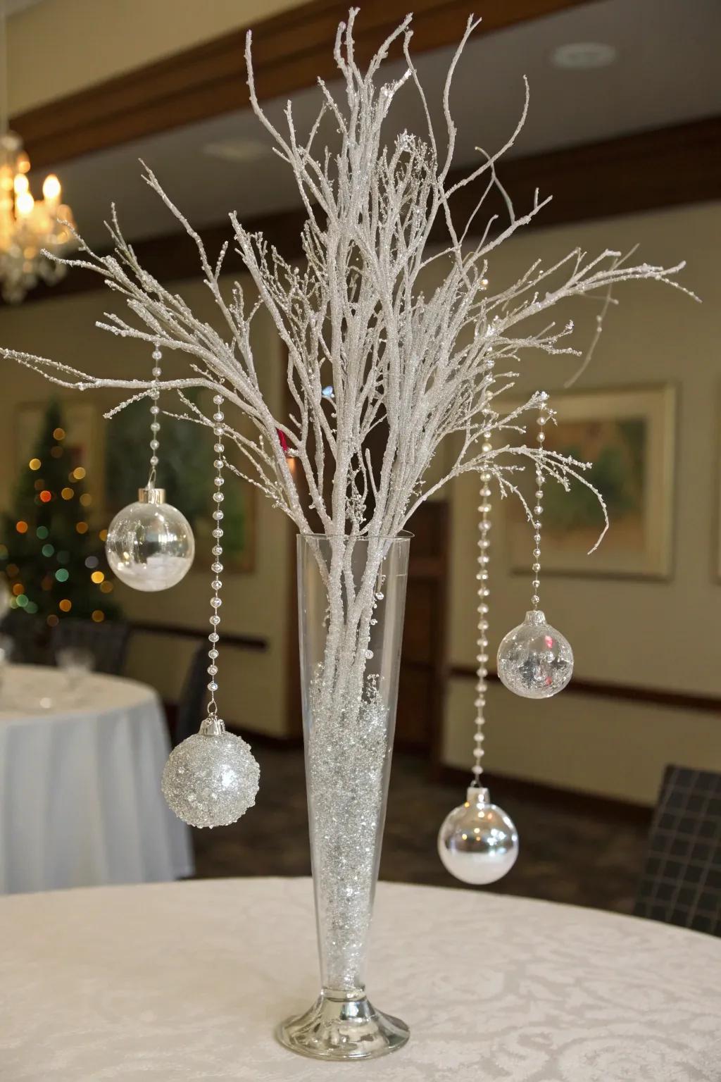 Snowy branches with crystals fashion an elegant and timeless centerpiece.