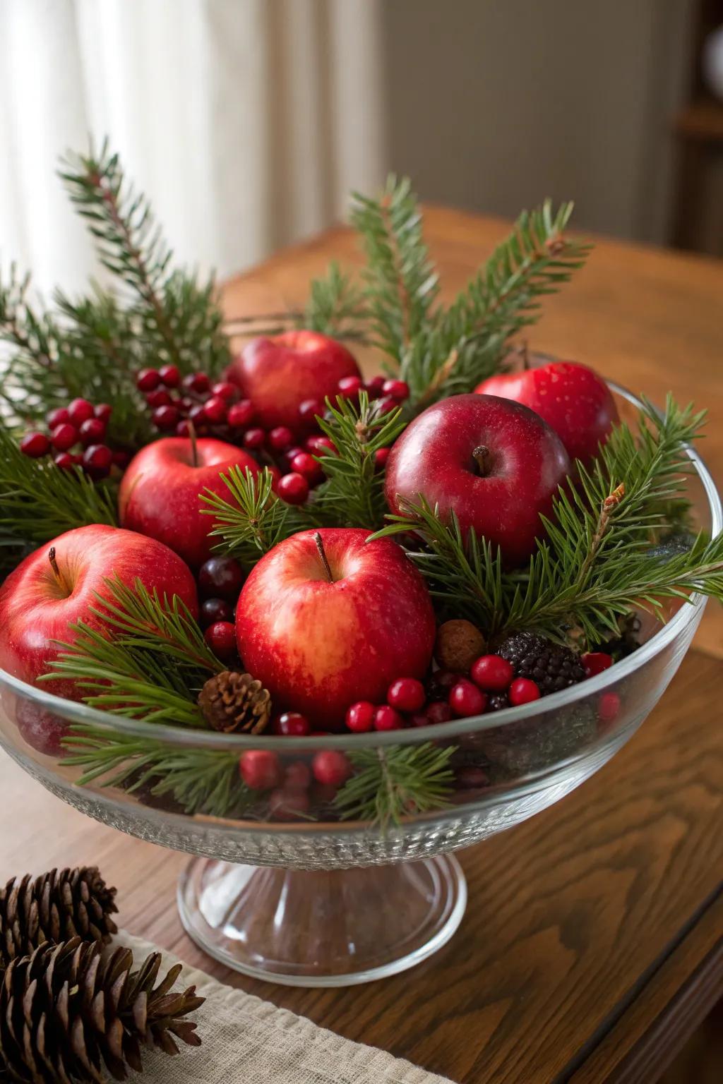 The fusion of fruit and greenery introduces a refreshing elegance to your Christmas table.
