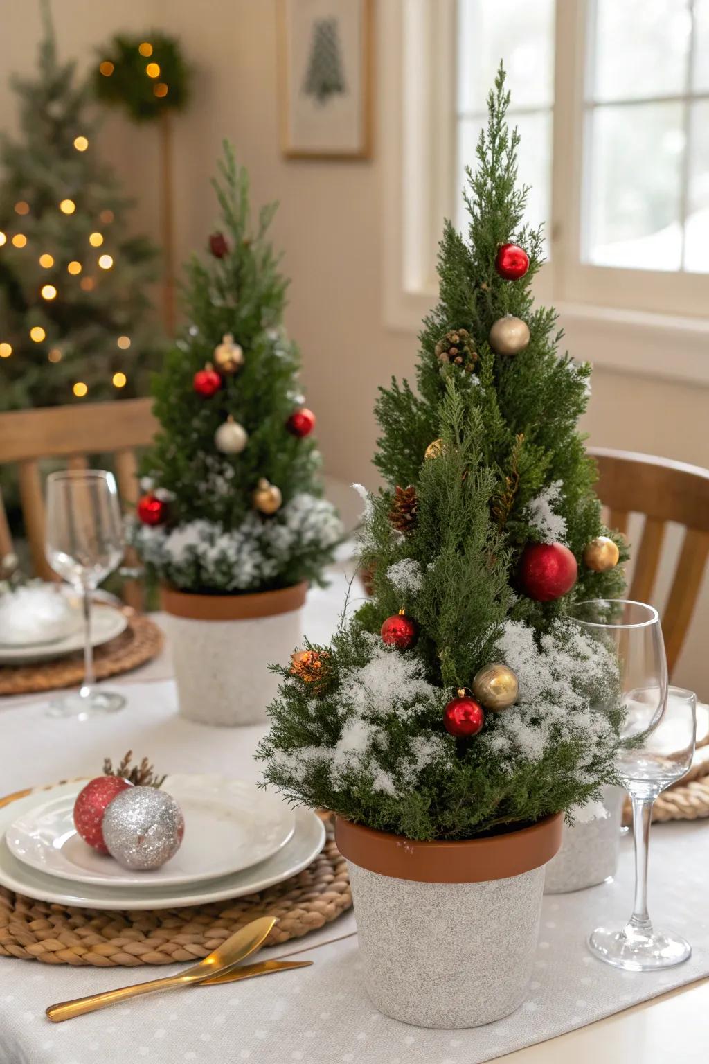 Mini Christmas trees conjure a joyous and festive display.