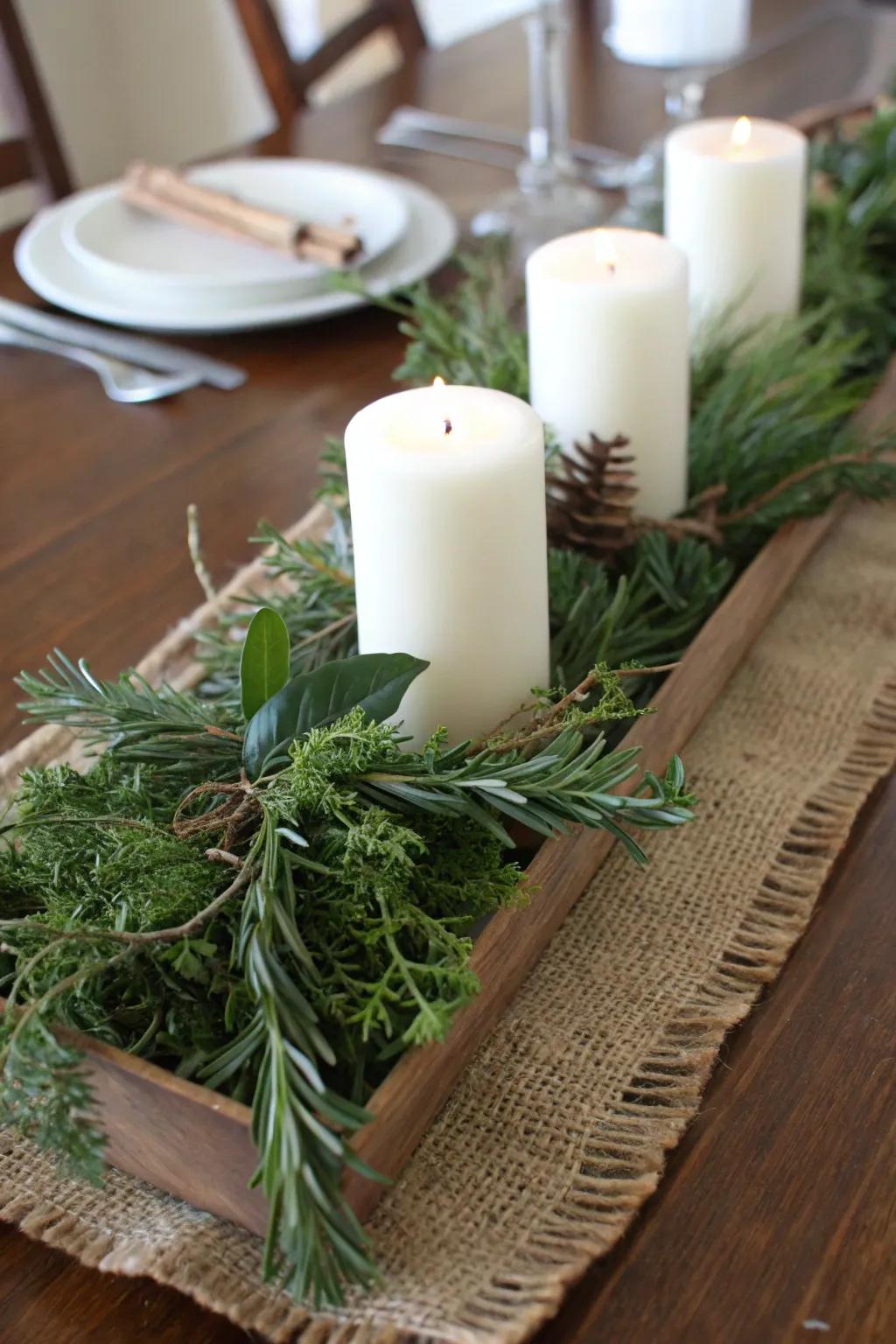 Herbaceous greenery brings simplicity and aroma to your Christmas table.