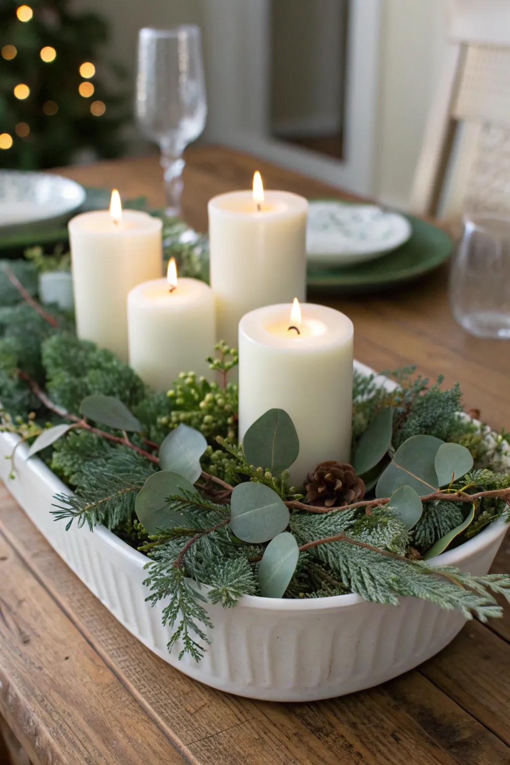 A minimalist white delight centerpiece bestows tranquil holiday elegance.
